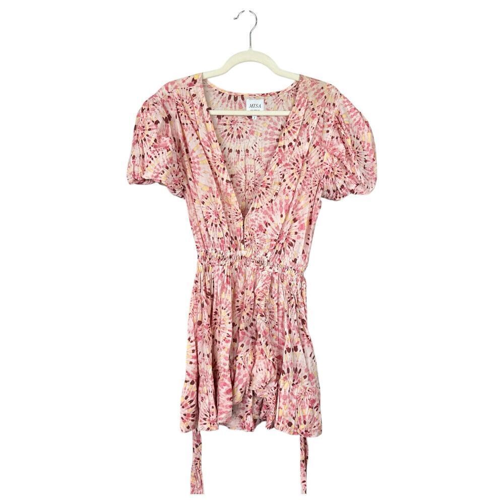 MISA Eloise Dress in Rose Lemonade Size Small Pink Puff Sleeves Belted Floral